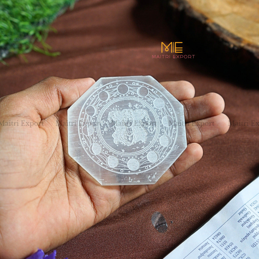 Natural selenite plate with different carvings-Octagon-Triple Goddess Moon phase-Maitri Export | Crystals Store