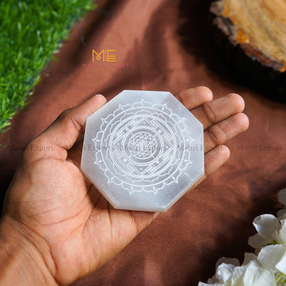 Natural selenite plate with different carvings-Octagon-Shreeyantra 2-Maitri Export | Crystals Store