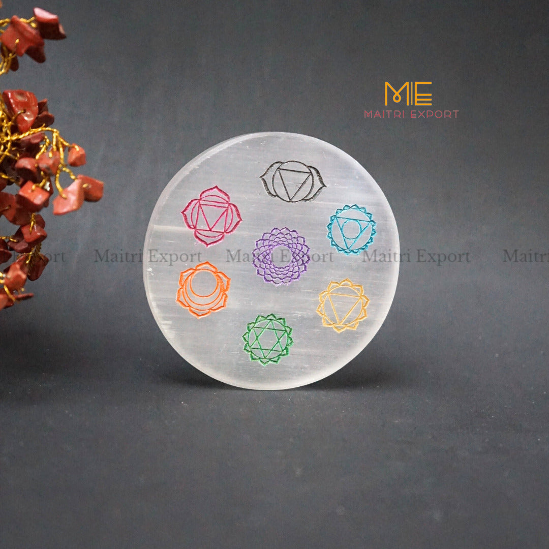 Natural selenite plate with different carvings-Round-7 chakra Multicolor-Maitri Export | Crystals Store