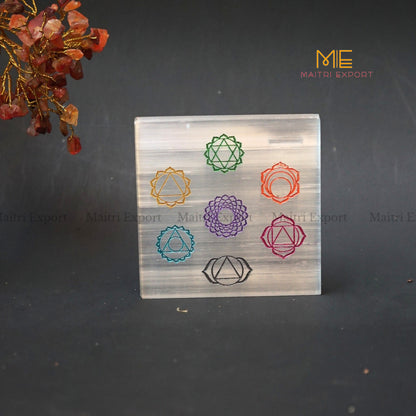 Natural selenite plate with different carvings-Square-7 chakra Multicolor-Maitri Export | Crystals Store