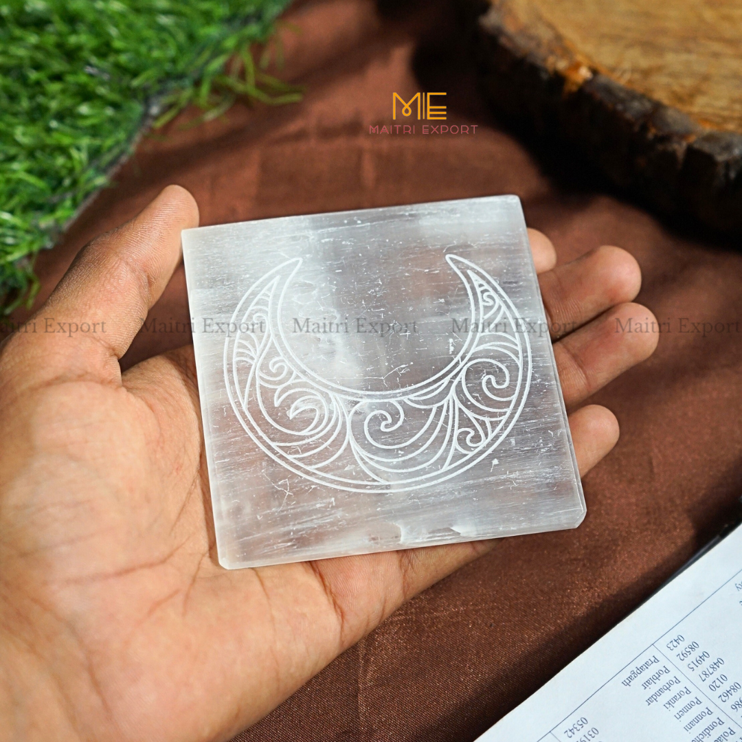 Natural selenite plate with different carvings-Maitri Export | Crystals Store