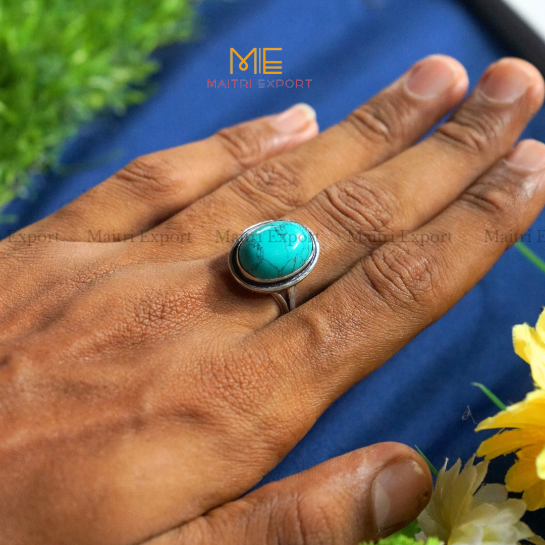 Oval shaped Natural crystal Healing Stone Adjustable Rings ( 14mm )-Turquoise-Maitri Export | Crystals Store