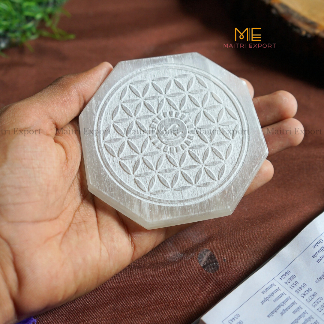 Natural selenite plate with different carvings-Maitri Export | Crystals Store