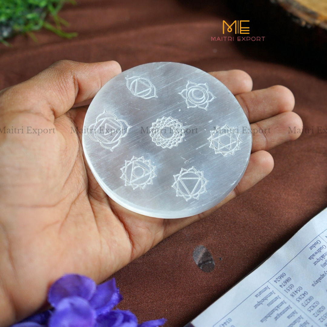 Natural selenite plate with different carvings-Maitri Export | Crystals Store