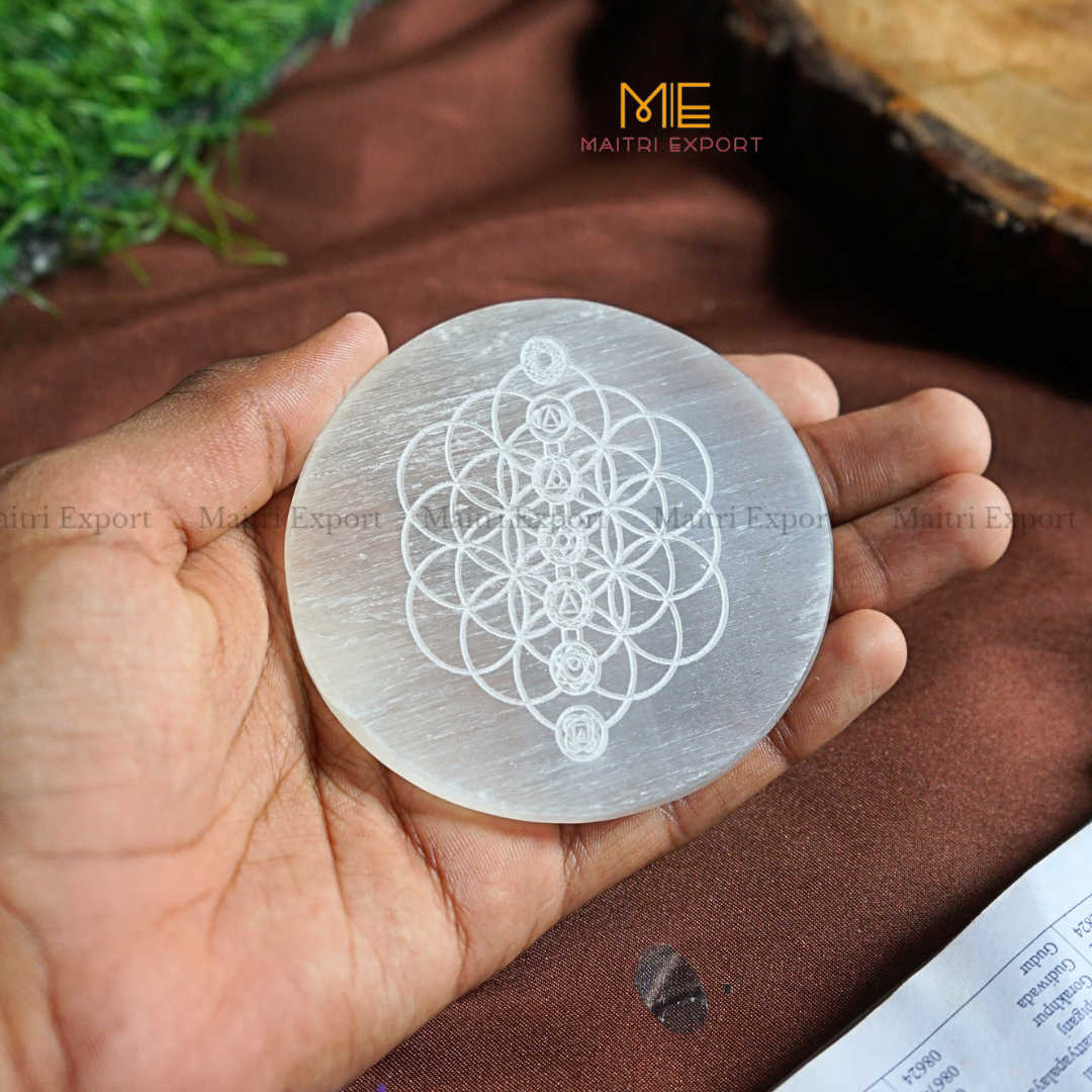 Natural selenite plate with different carvings-Maitri Export | Crystals Store