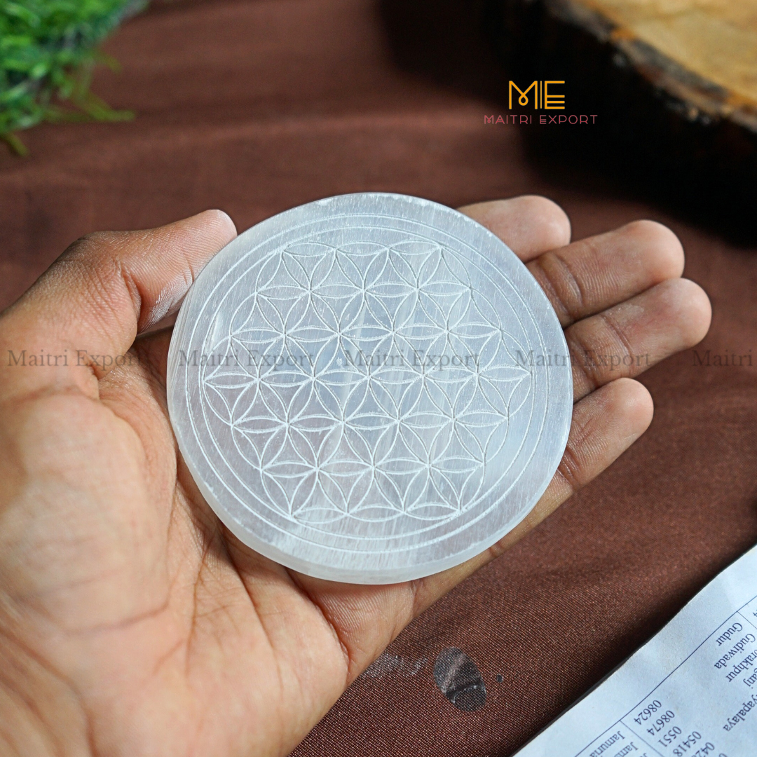 Natural selenite plate with different carvings-Maitri Export | Crystals Store