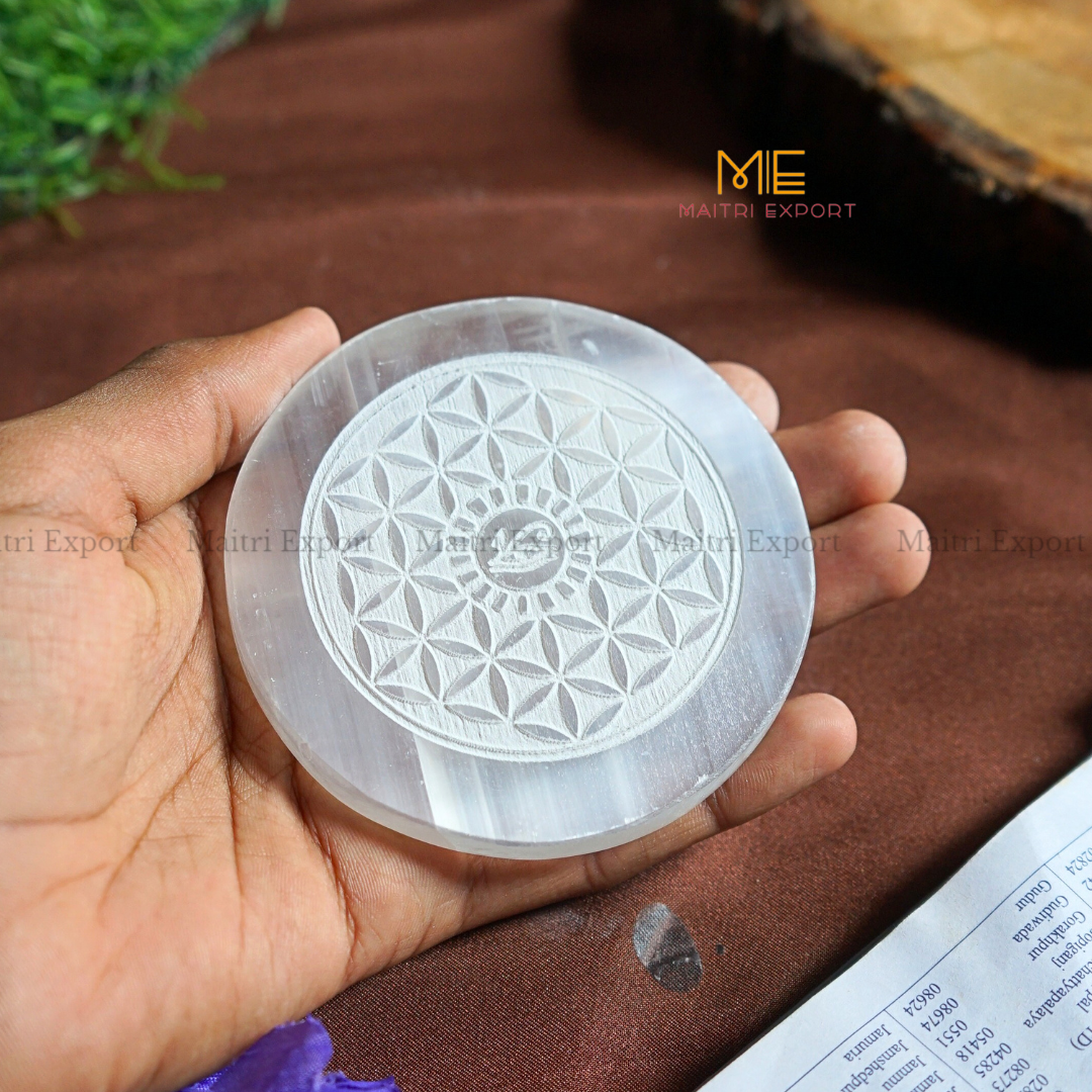 Natural selenite plate with different carvings-Maitri Export | Crystals Store