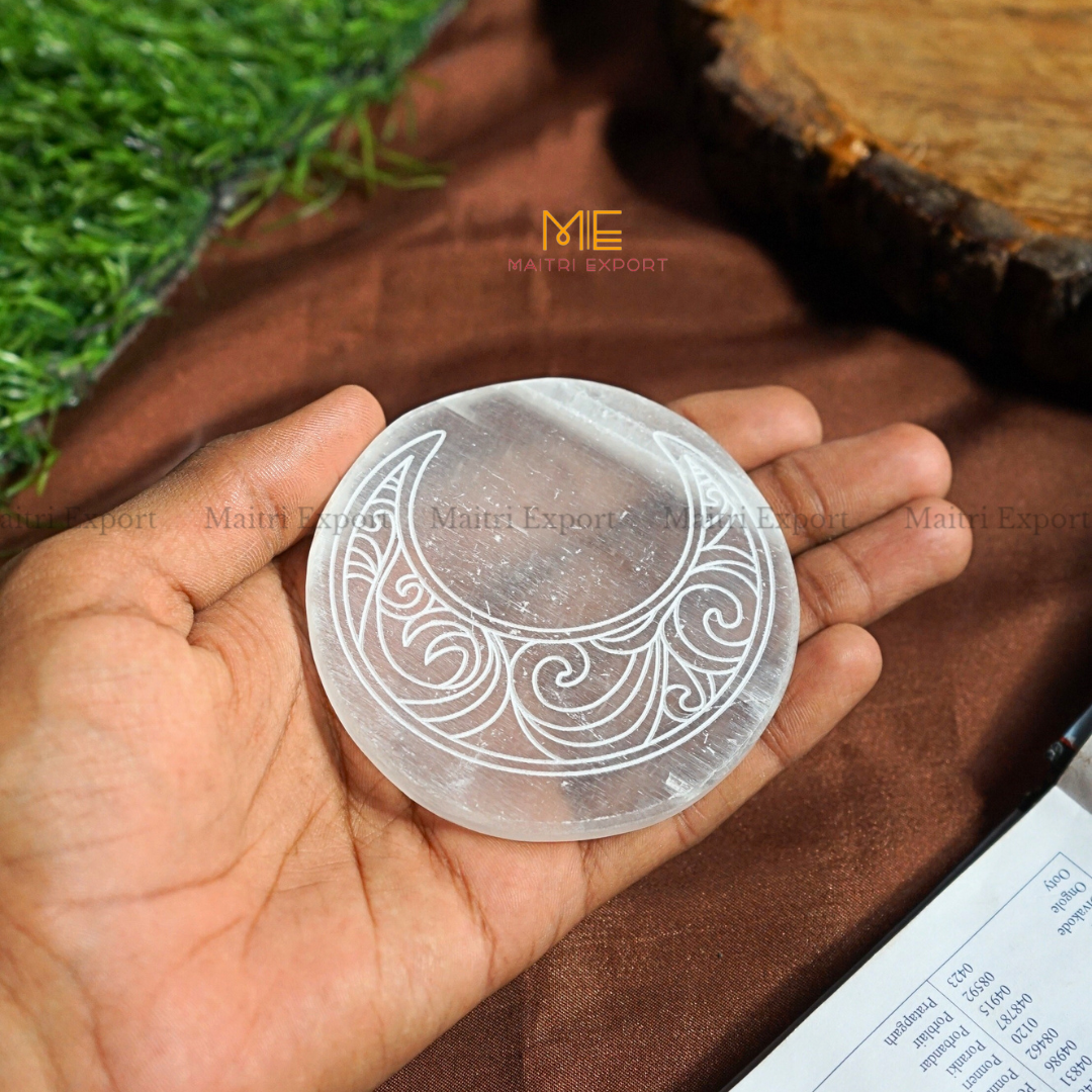 Natural selenite plate with different carvings-Maitri Export | Crystals Store