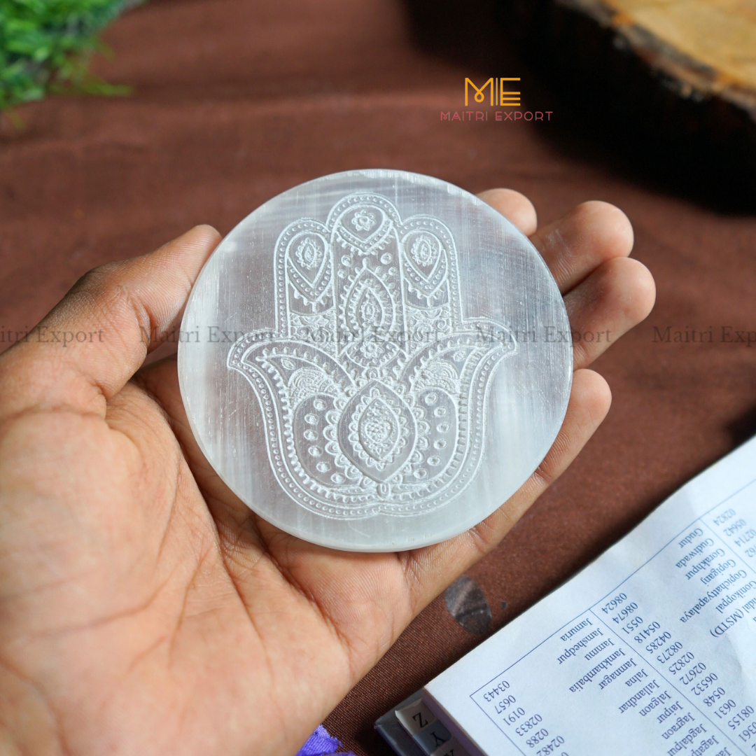 Natural selenite plate with different carvings-Maitri Export | Crystals Store