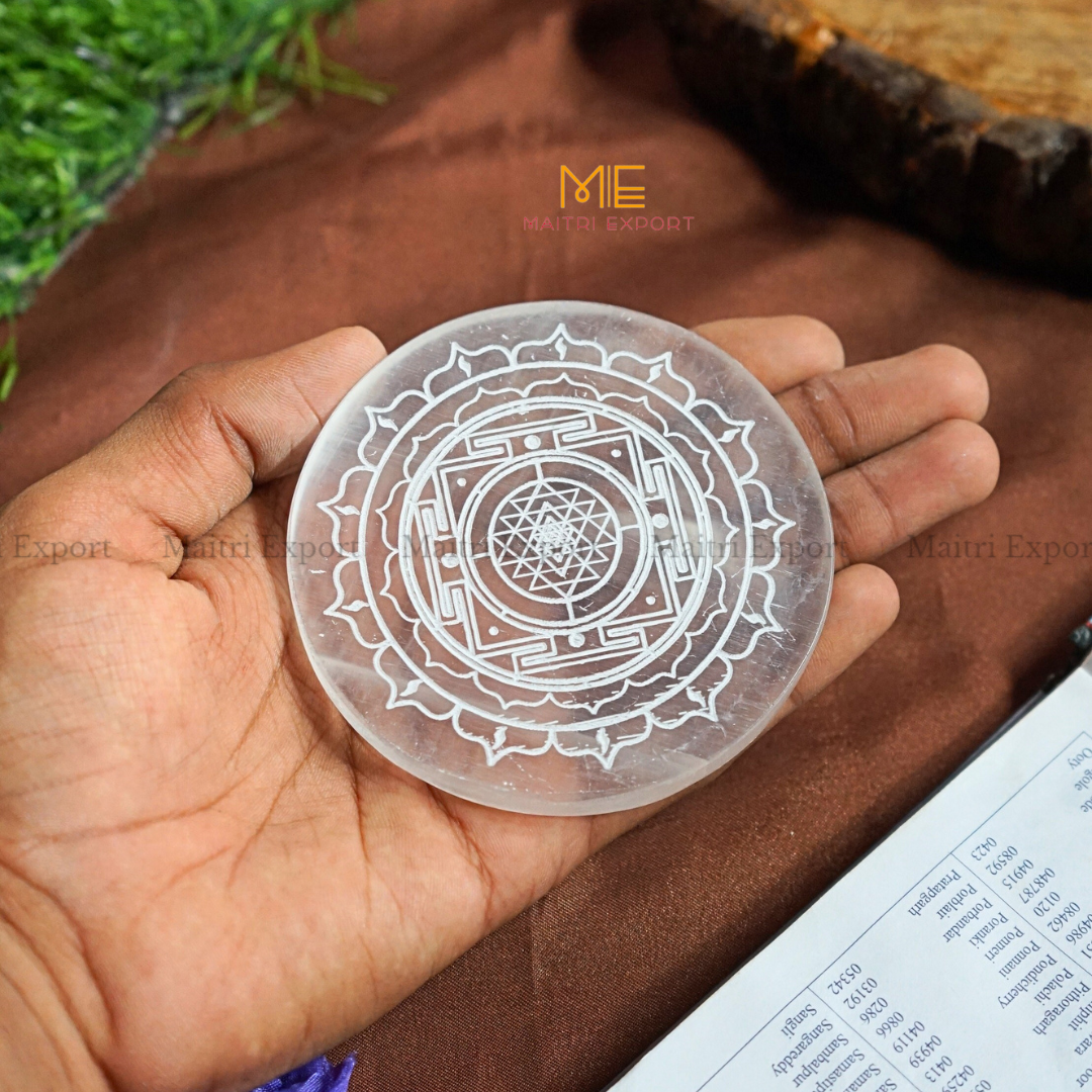 Natural selenite plate with different carvings-Maitri Export | Crystals Store