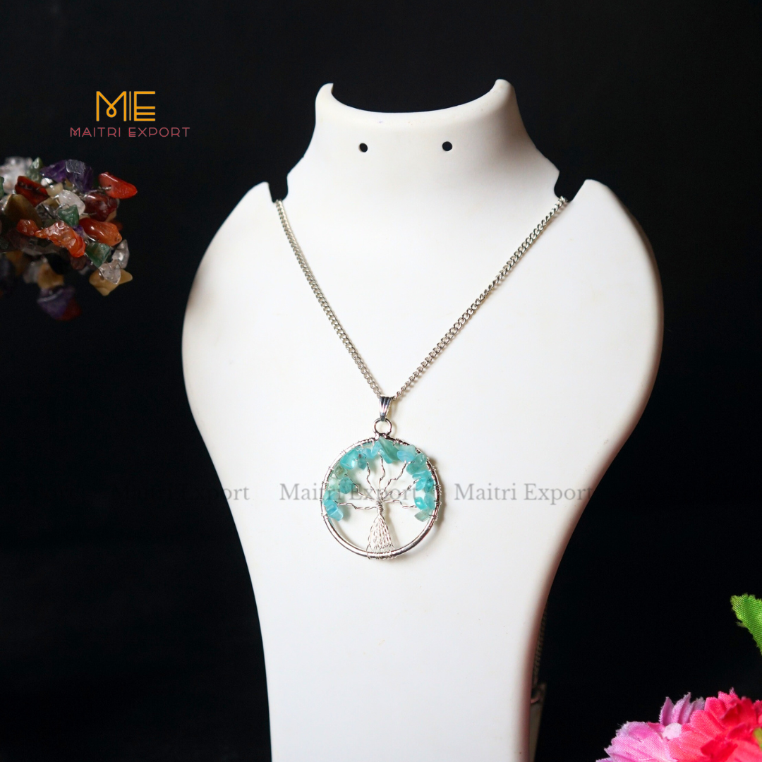 Natural crystal stones tree of life pendants made from mini crystal chips-Aquamarine-Maitri Export | Crystals Store