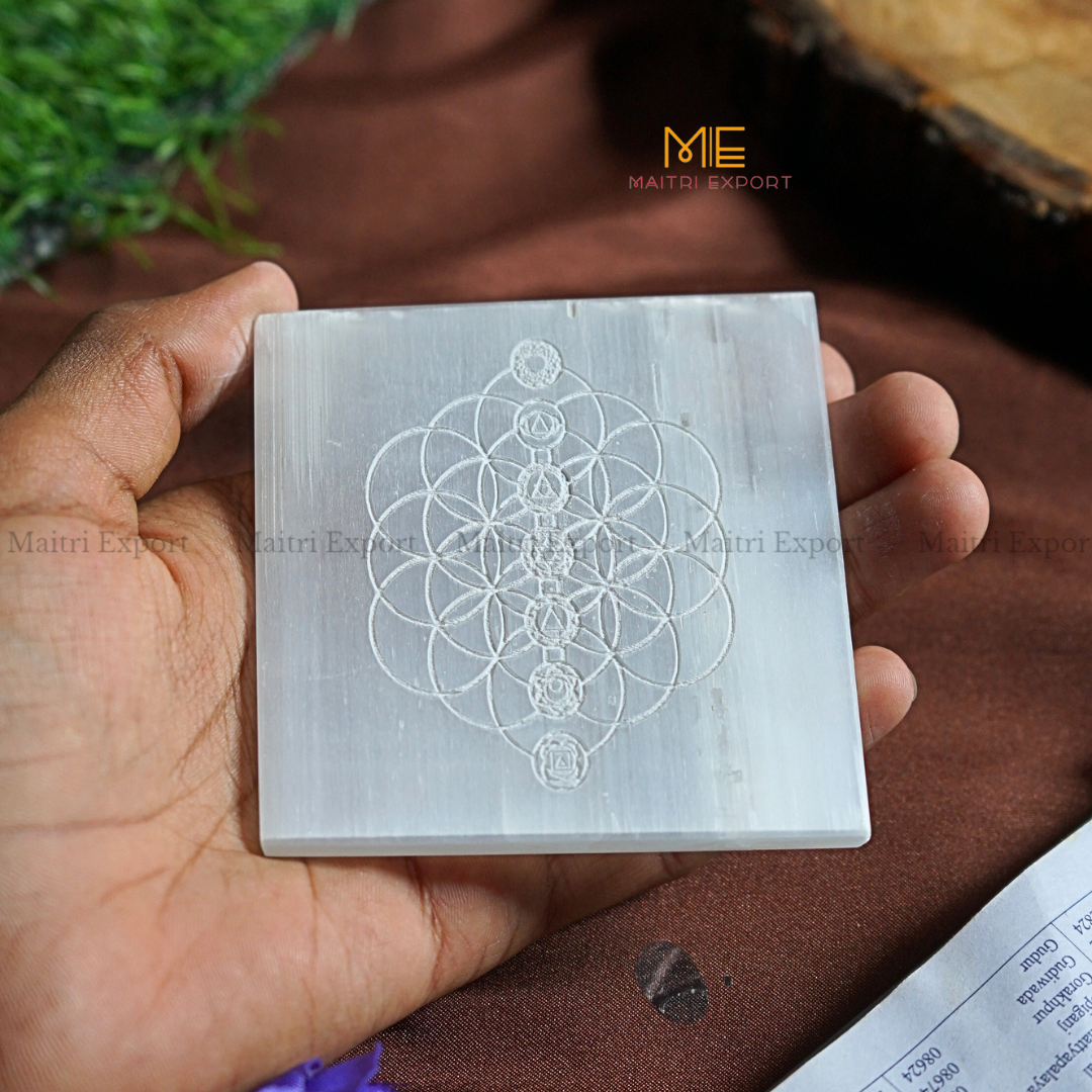 Natural selenite plate with different carvings-Maitri Export | Crystals Store