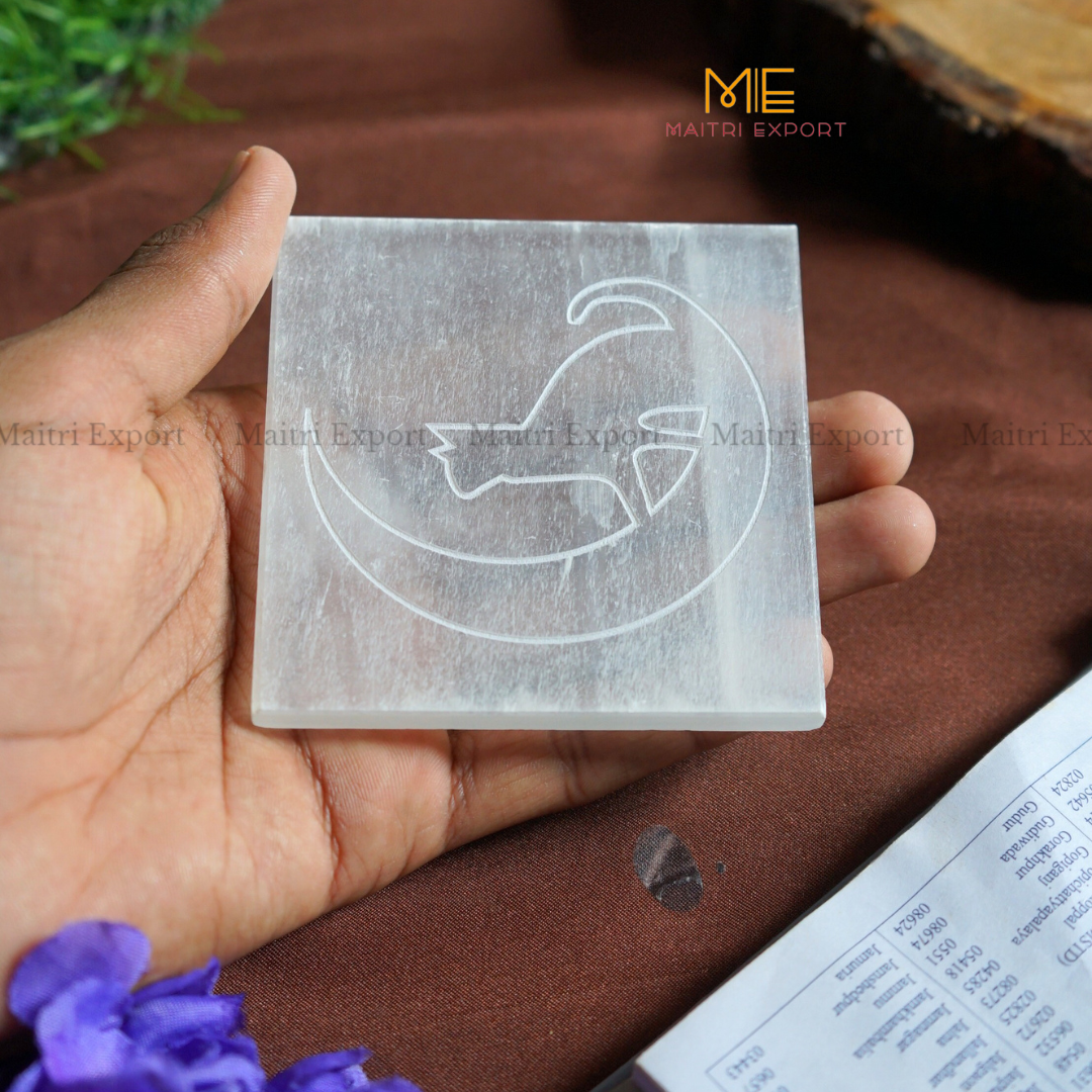 Natural selenite plate with different carvings-Maitri Export | Crystals Store