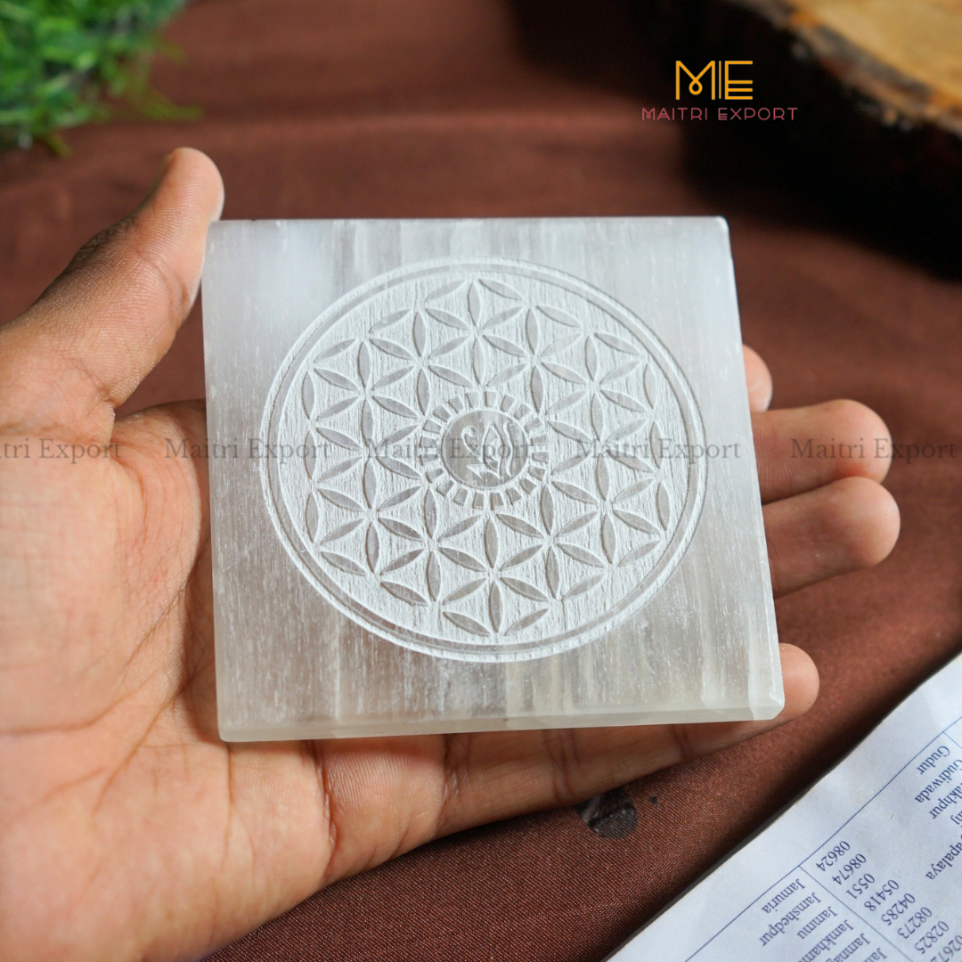 Natural selenite plate with different carvings-Maitri Export | Crystals Store