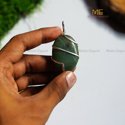Natural Crystal Stone Oval Wire wrapped Pendant-Green Jade-Maitri Export | Crystals Store