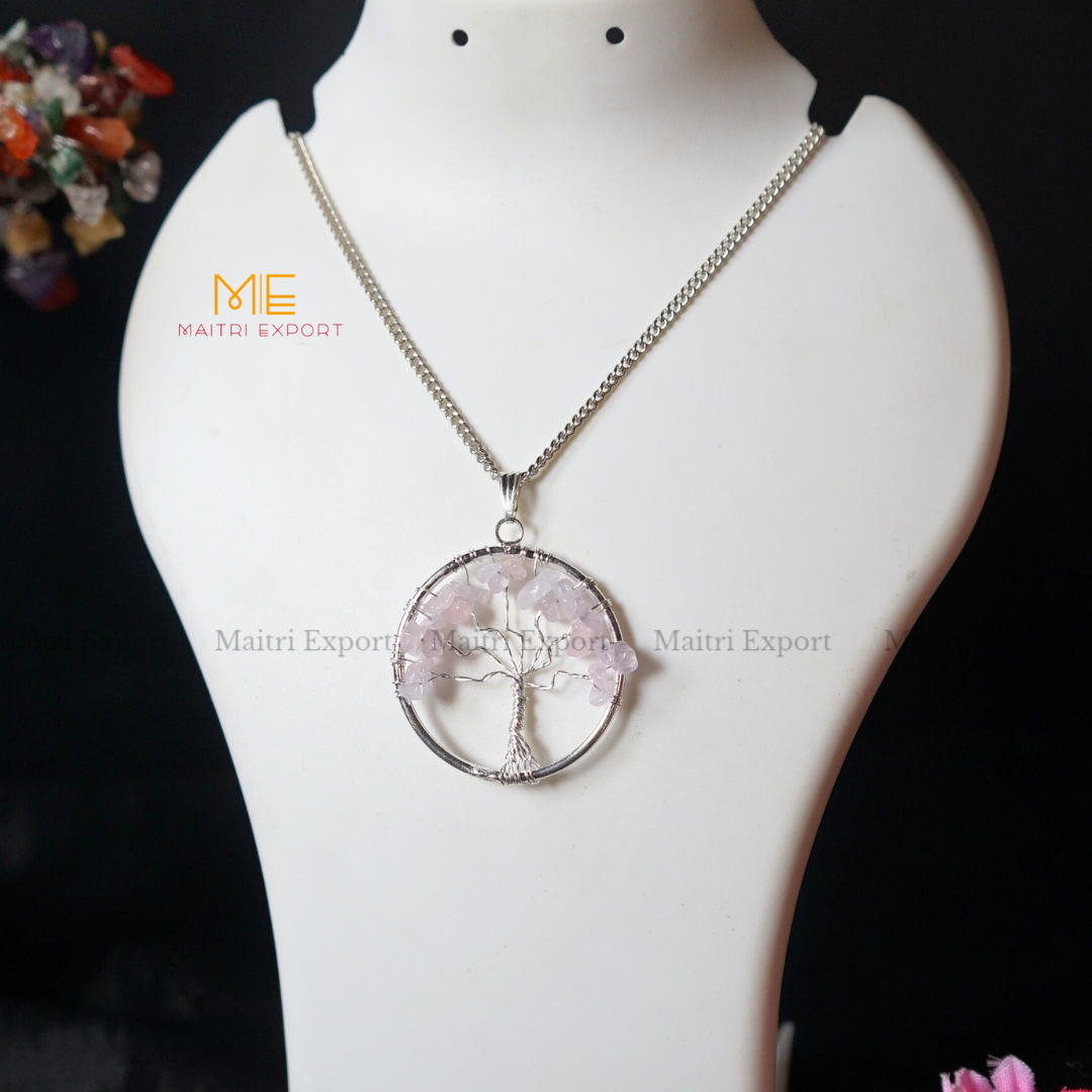 Natural crystal stones tree of life pendants made from mini crystal chips-Rose Quartz-Maitri Export | Crystals Store
