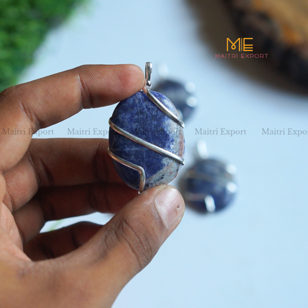 Natural Crystal Stone Oval Wire wrapped Pendant-Lapis Lazuli-Maitri Export | Crystals Store
