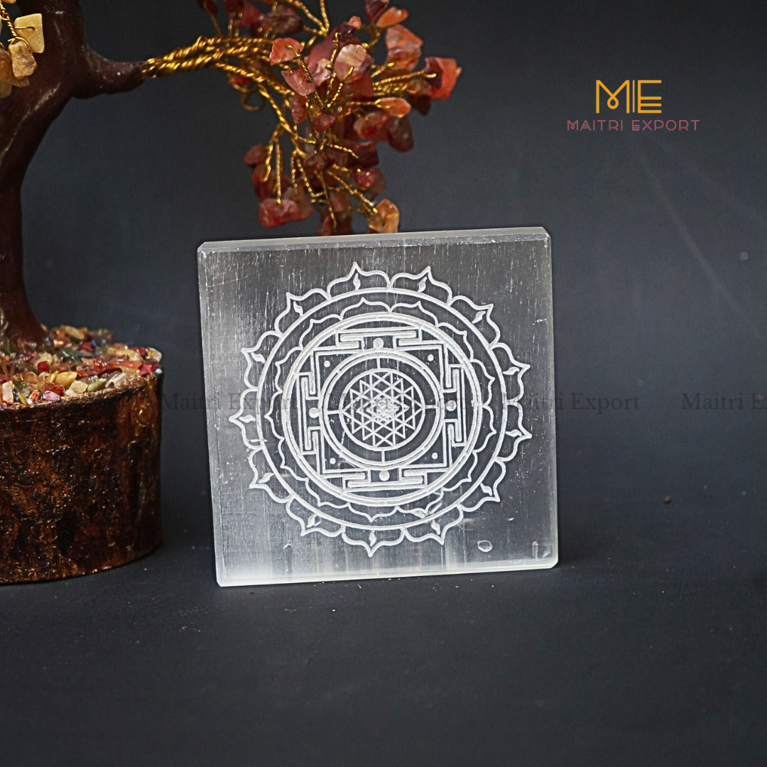 Natural selenite plate with different carvings-Square-Shreeyantra 2-Maitri Export | Crystals Store