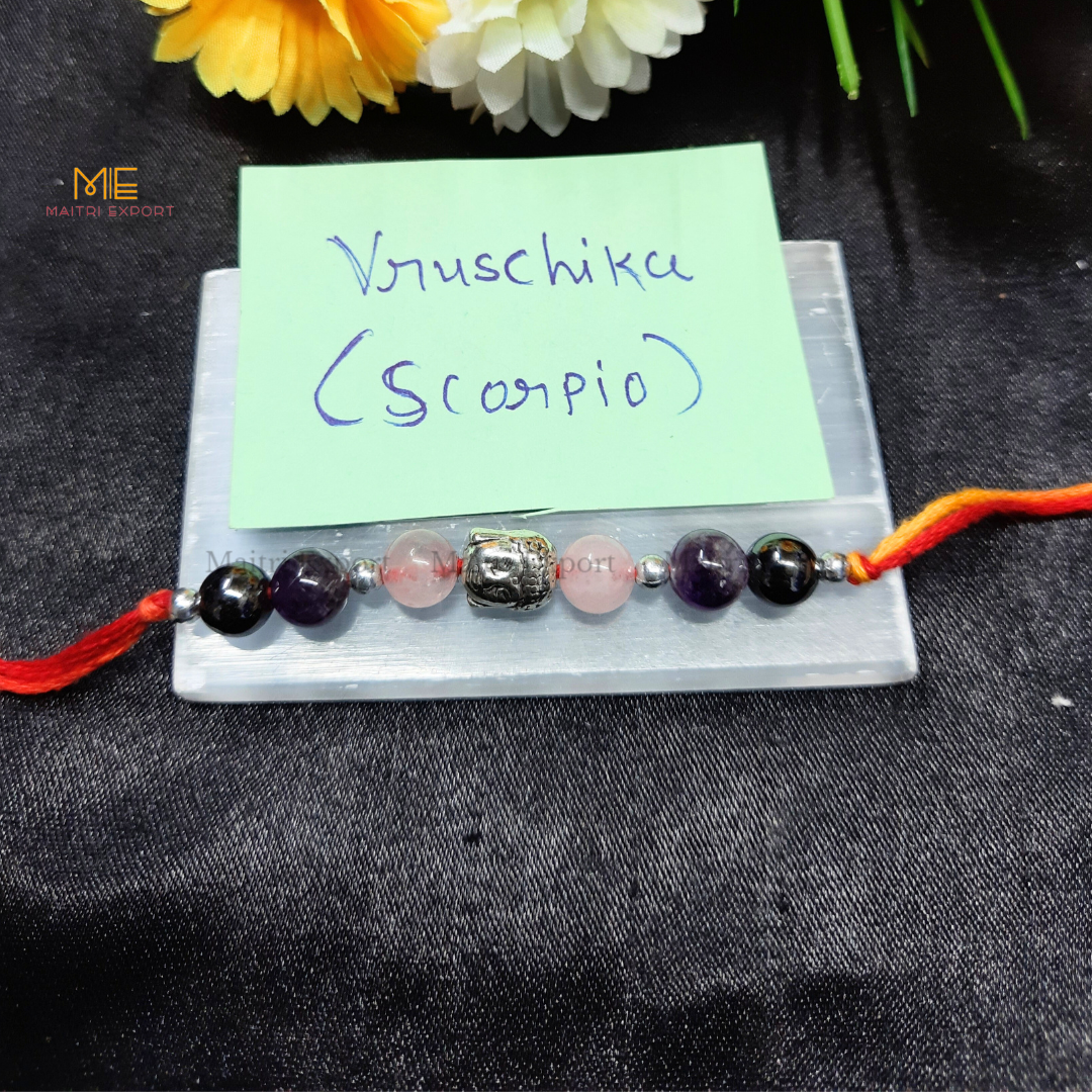 Natural crystal stone based zodiac sign rakhi-Scorpio-with buddha charm-Maitri Export | Crystals Store