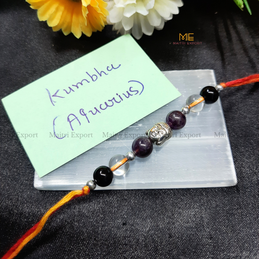 Natural crystal stone based zodiac sign rakhi-Aquarius-with buddha charm-Maitri Export | Crystals Store