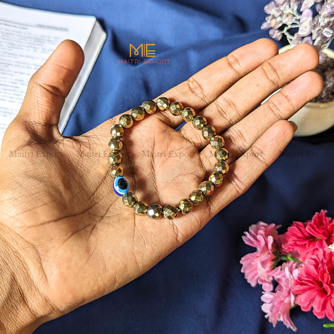 8mm faceted crystal beaded bracelet with evil eye-Golden Pyrite-Maitri Export | Crystals Store