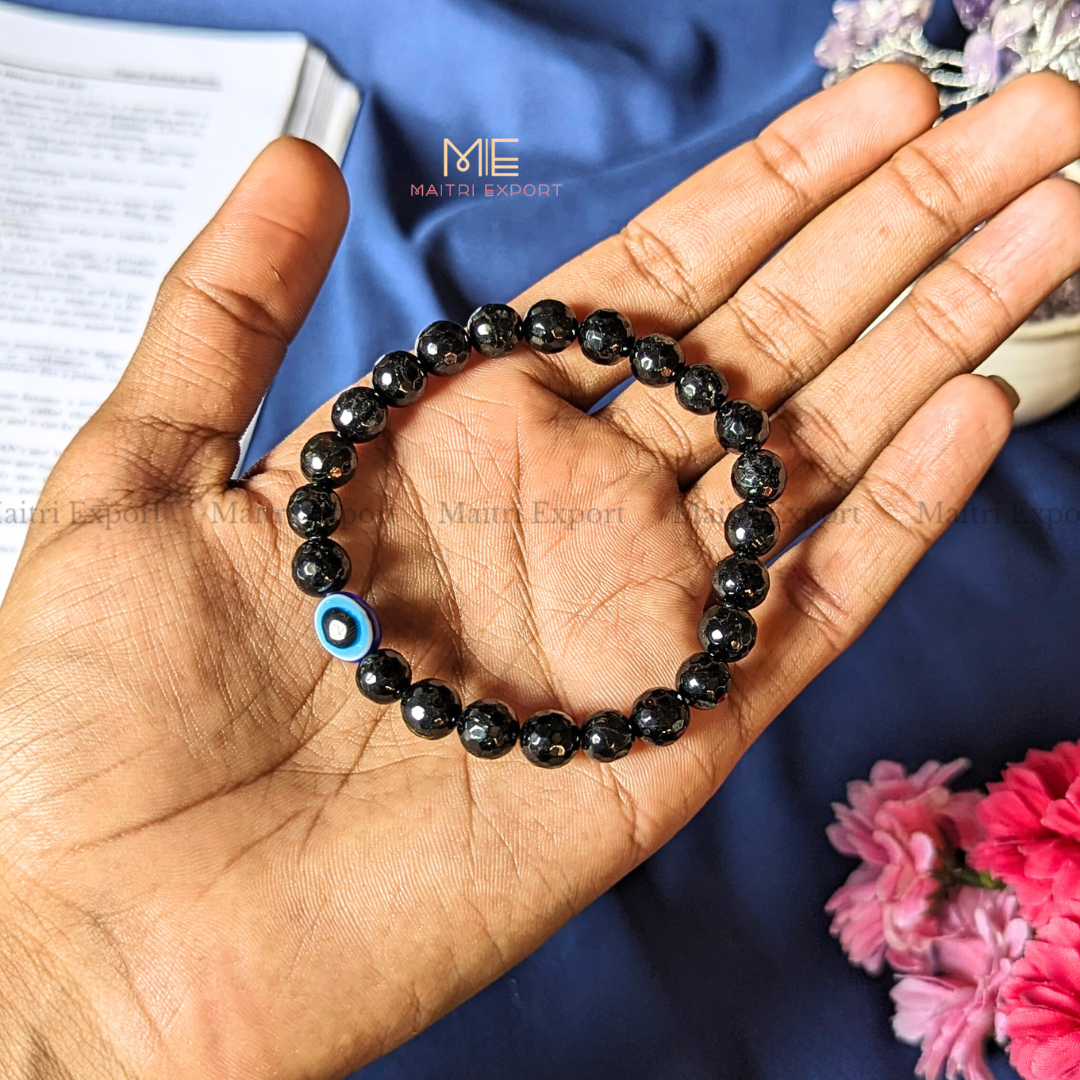 8mm faceted crystal beaded bracelet with evil eye-Black tourmaline-Maitri Export | Crystals Store