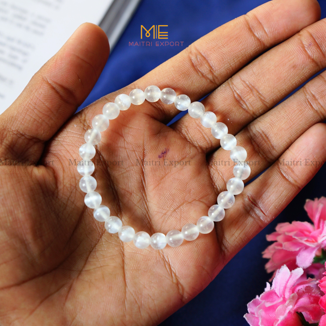 Selenite Natural Crystal Healing Bracelet-6mm-Maitri Export | Crystals Store