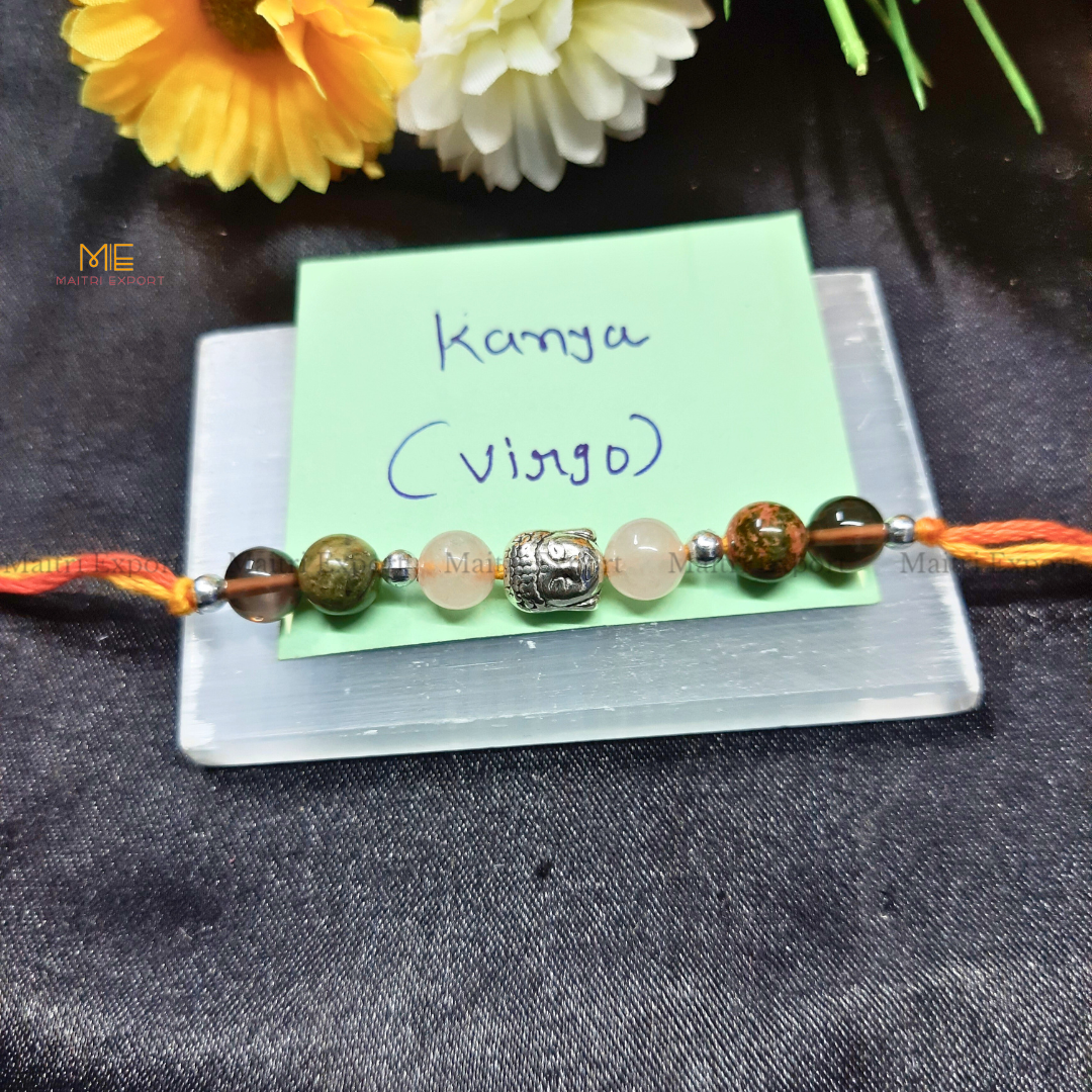 Natural crystal stone based zodiac sign rakhi-Virgo-with buddha charm-Maitri Export | Crystals Store