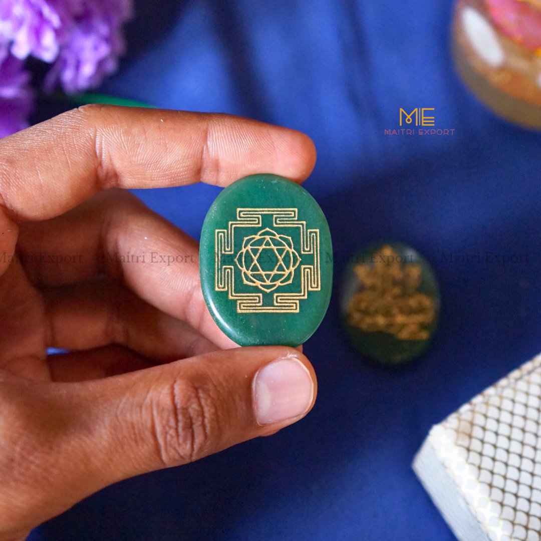 Green Jade Lakshmi ji and Shree Yantra Carved Crystal coin-Maitri Export | Crystals Store