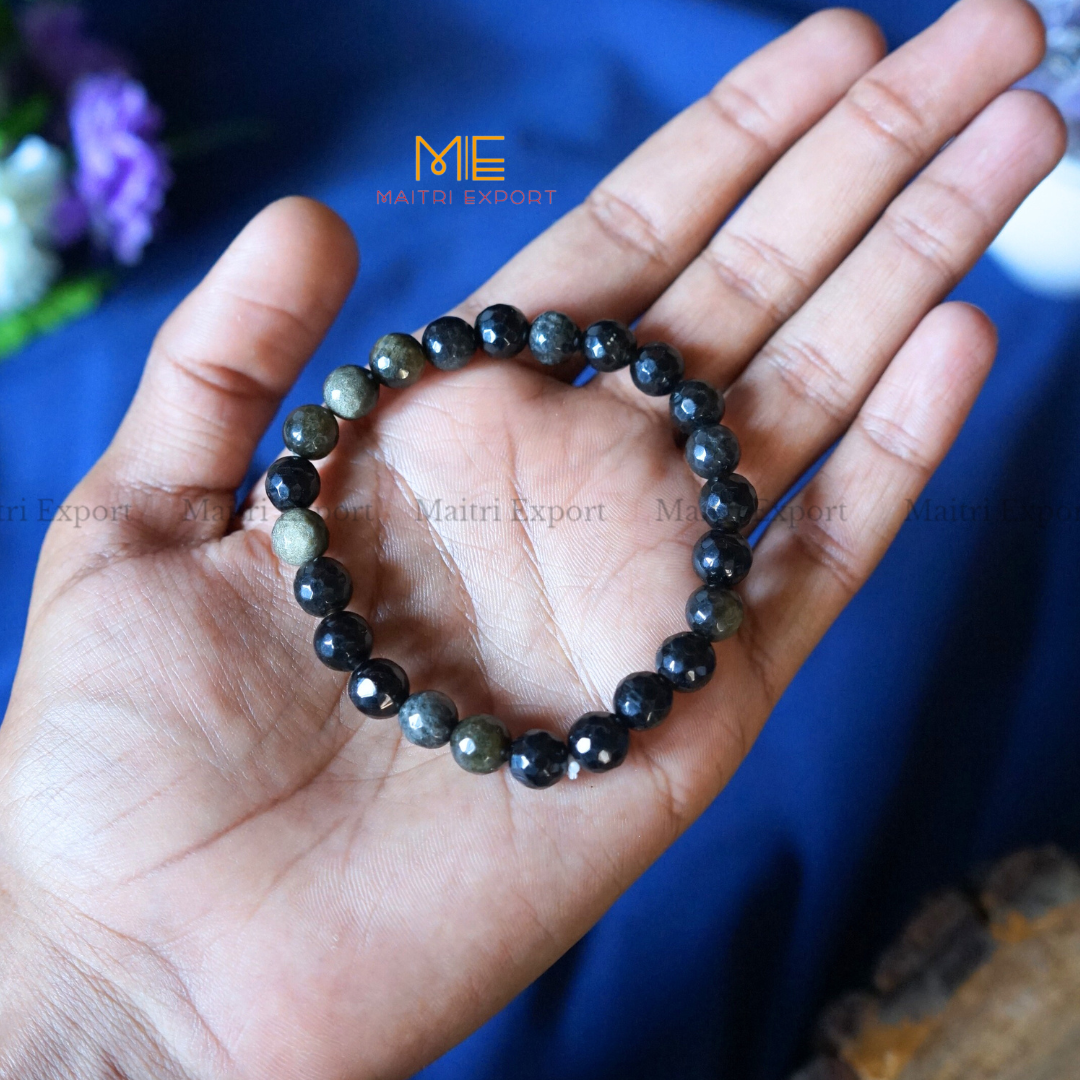 8mm faceted round beads stretchable bracelet.-Black Golden Obsidian-Maitri Export | Crystals Store