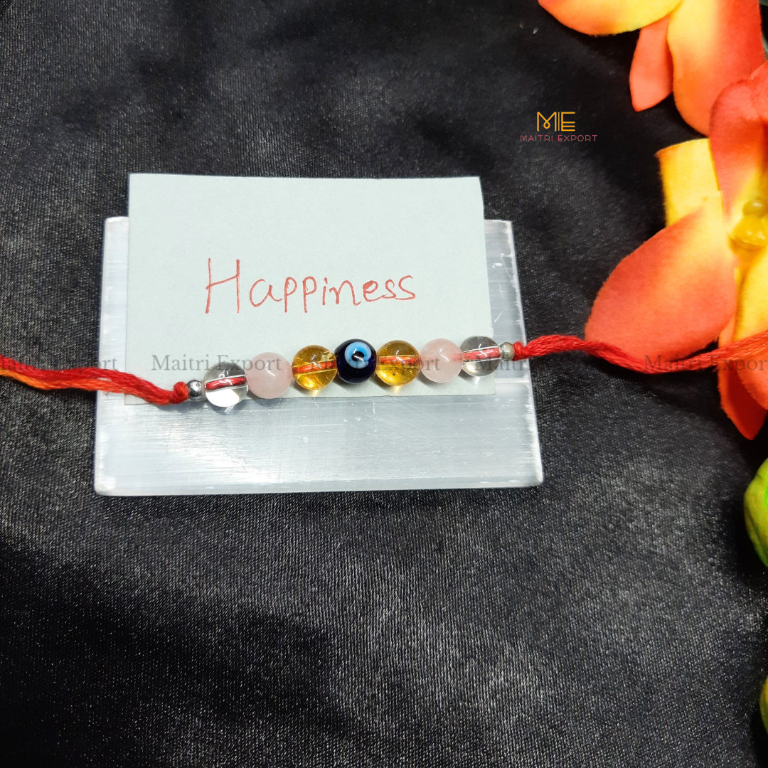 Natural crystal stone purposed rakhi-Happiness-with evil eye bead-Maitri Export | Crystals Store