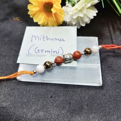 Natural crystal stone based zodiac sign rakhi-Gemini-with buddha charm-Maitri Export | Crystals Store