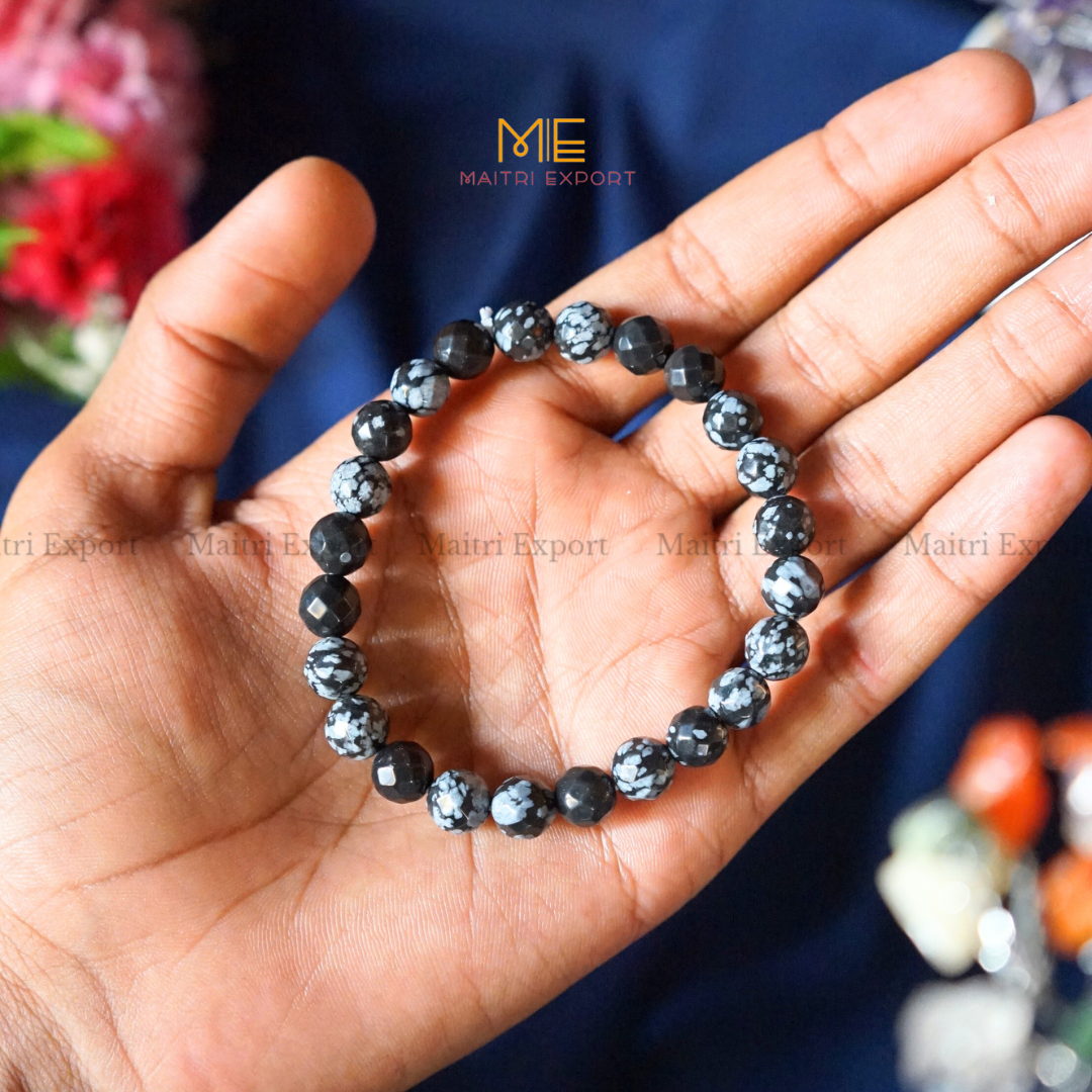 8mm faceted round beads stretchable bracelet.-Snowflake Obsidian-Maitri Export | Crystals Store