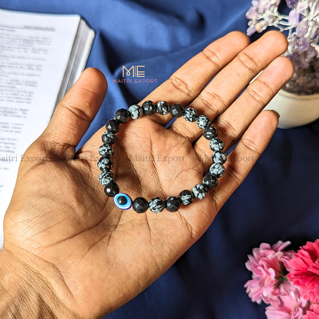 8mm faceted crystal beaded bracelet with evil eye-Snowflake Obsidian-Maitri Export | Crystals Store