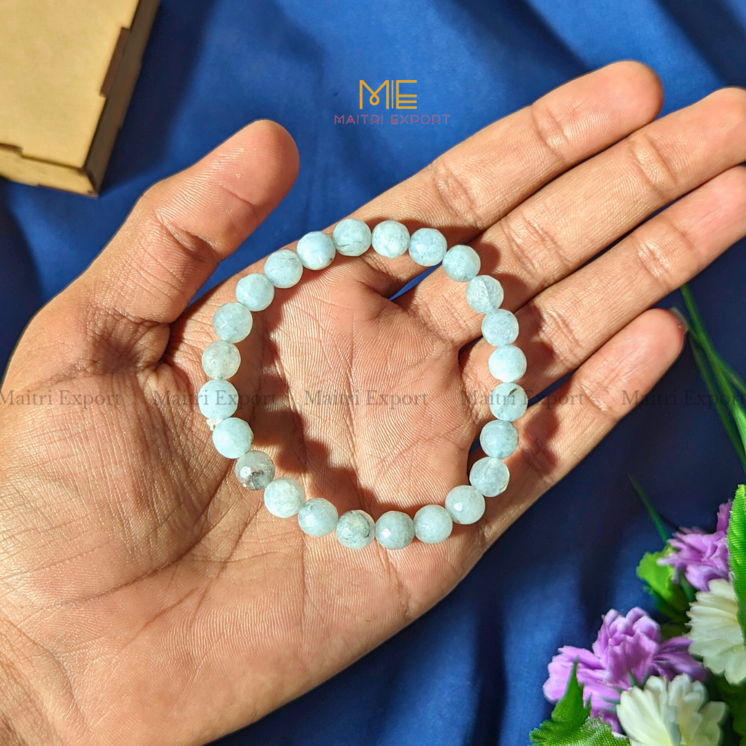 8mm faceted round beads stretchable bracelet.-Aquamarine-Maitri Export | Crystals Store