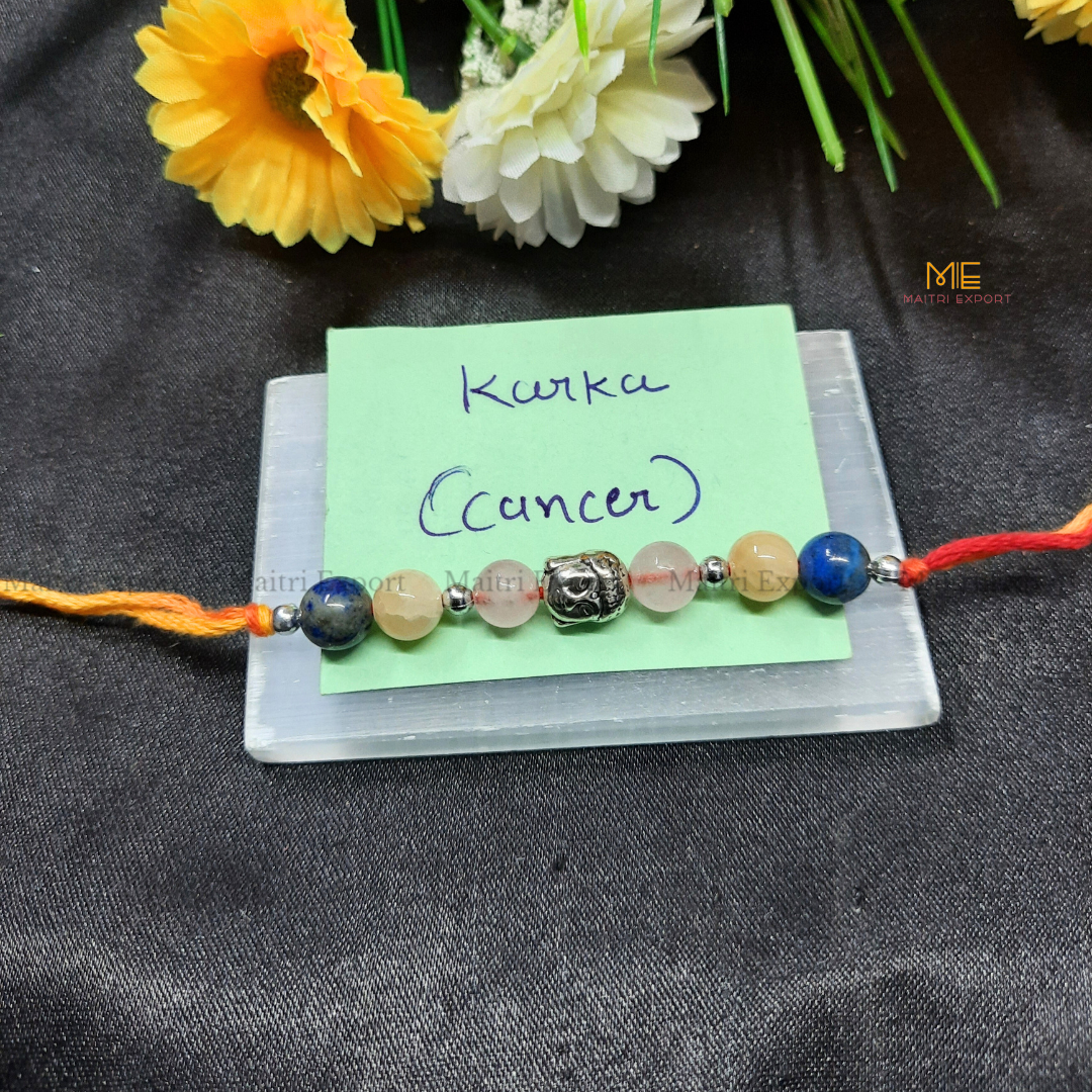 Natural crystal stone based zodiac sign rakhi-Cancer-with buddha charm-Maitri Export | Crystals Store