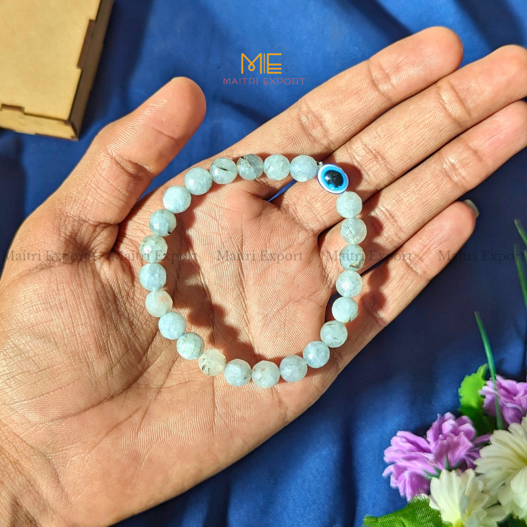 8mm faceted crystal beaded bracelet with evil eye-Aquamarine-Maitri Export | Crystals Store