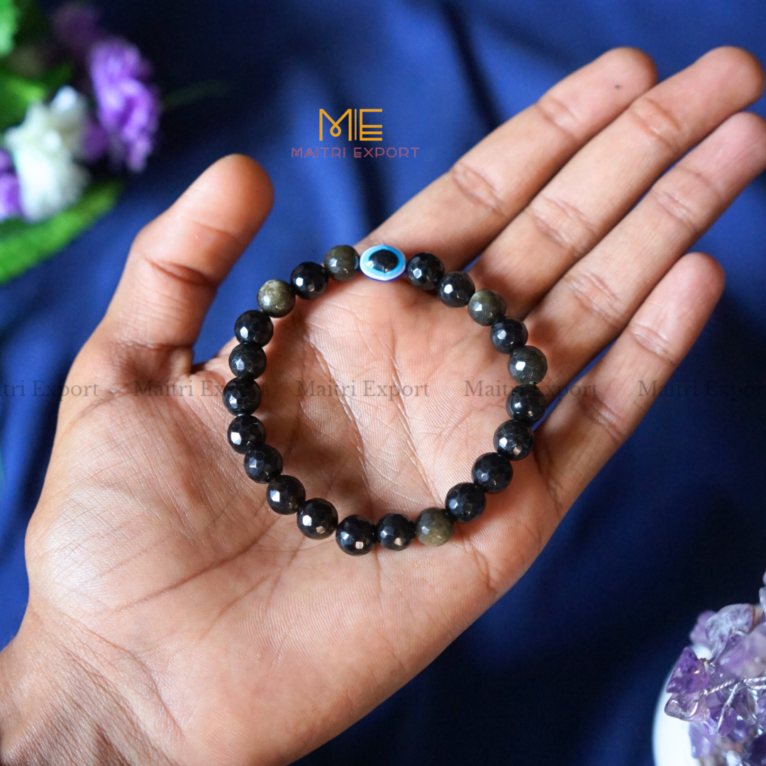 8mm faceted crystal beaded bracelet with evil eye-Black Golden Obsidian-Maitri Export | Crystals Store