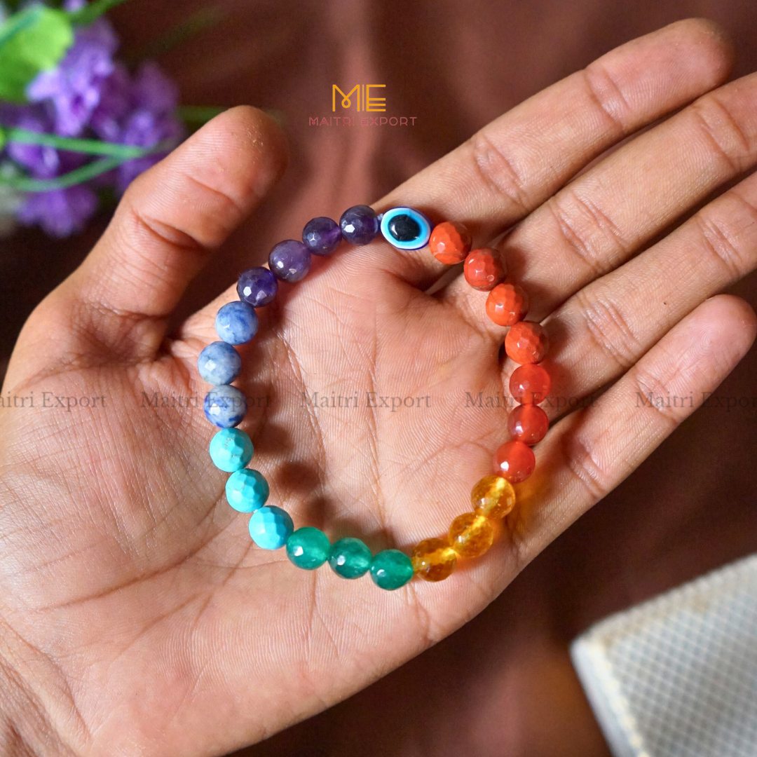 8mm faceted crystal beaded bracelet with evil eye-7 Chakra-Maitri Export | Crystals Store