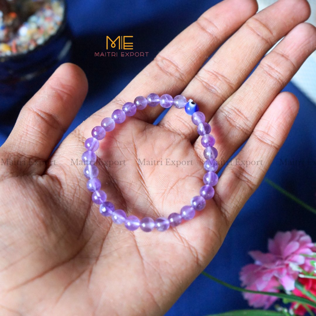 6mm crystal beaded bracelet with evil eye-Amethyst-Maitri Export | Crystals Store