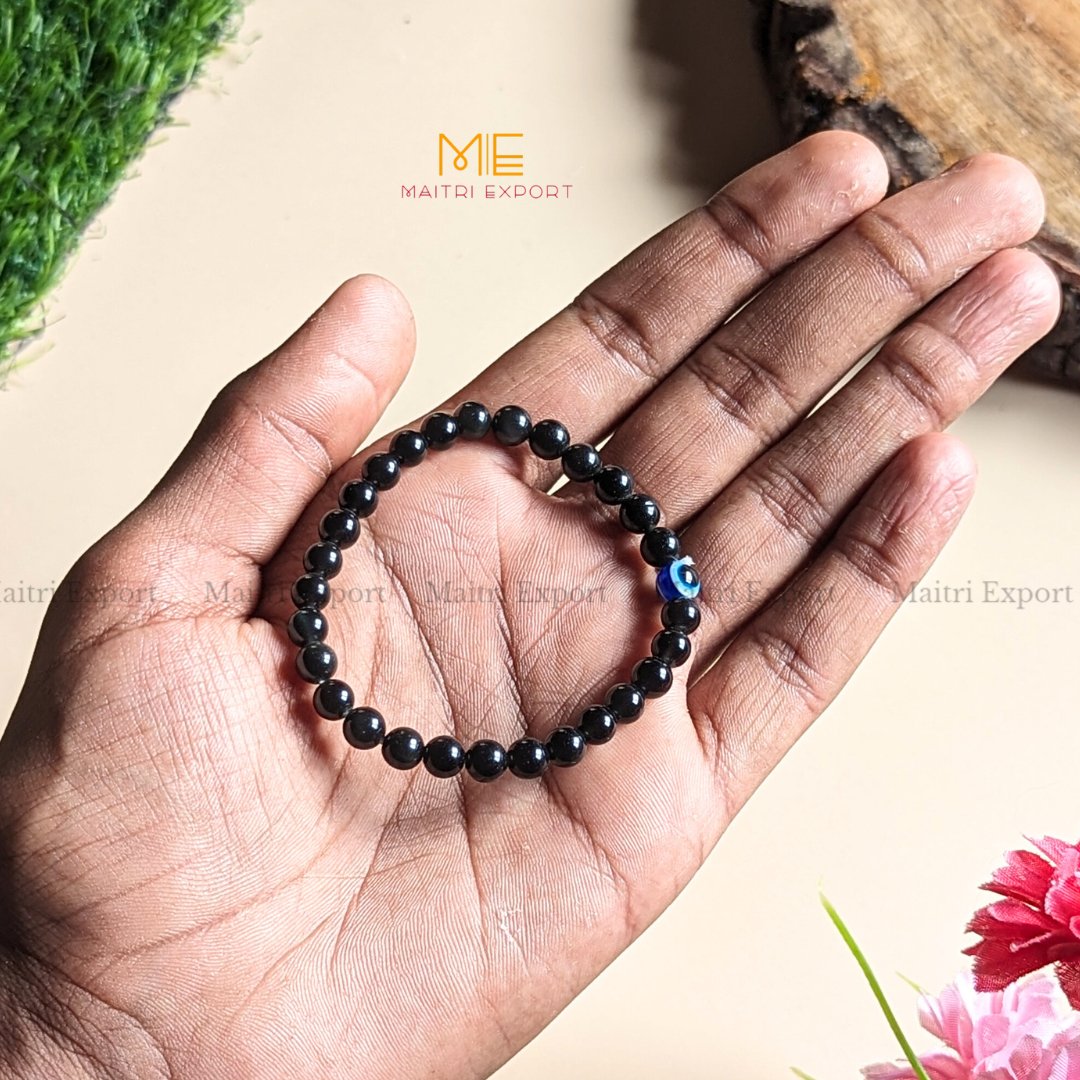 6mm crystal beaded bracelet with evil eye-Black Rainbow Obsidian-Maitri Export | Crystals Store