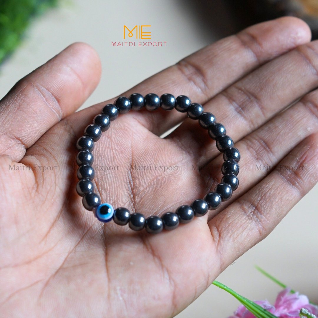 6mm crystal beaded bracelet with evil eye-Hematite-Maitri Export | Crystals Store