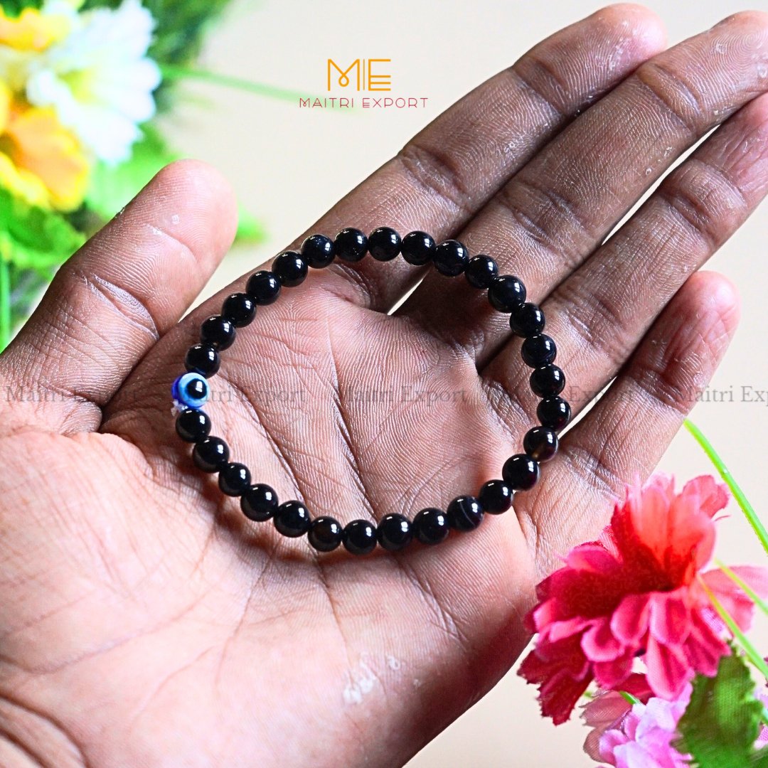 6mm crystal beaded bracelet with evil eye-Black Onyx-Maitri Export | Crystals Store