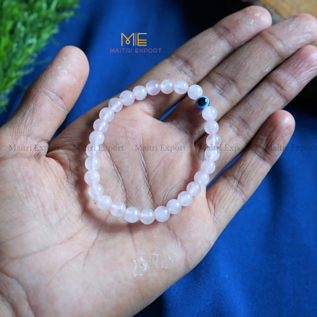 6mm crystal beaded bracelet with evil eye-Rose Quartz-Maitri Export | Crystals Store