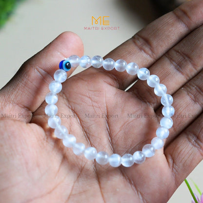 6mm crystal beaded bracelet with evil eye-selenite natural-Maitri Export | Crystals Store