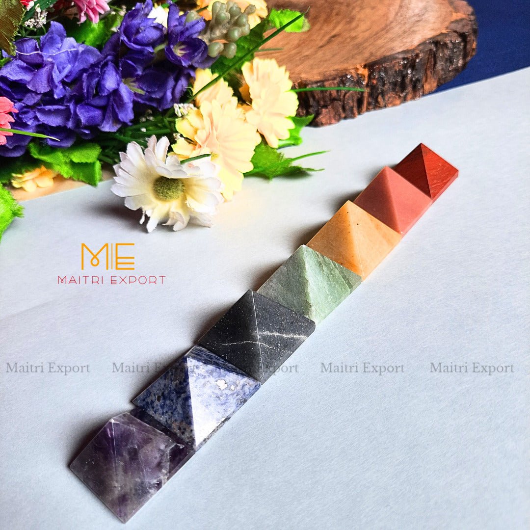 7 chakra pyramid set ( Size: 1 inch )-Simple ( Non-Carved )-Maitri Export | Crystals Store