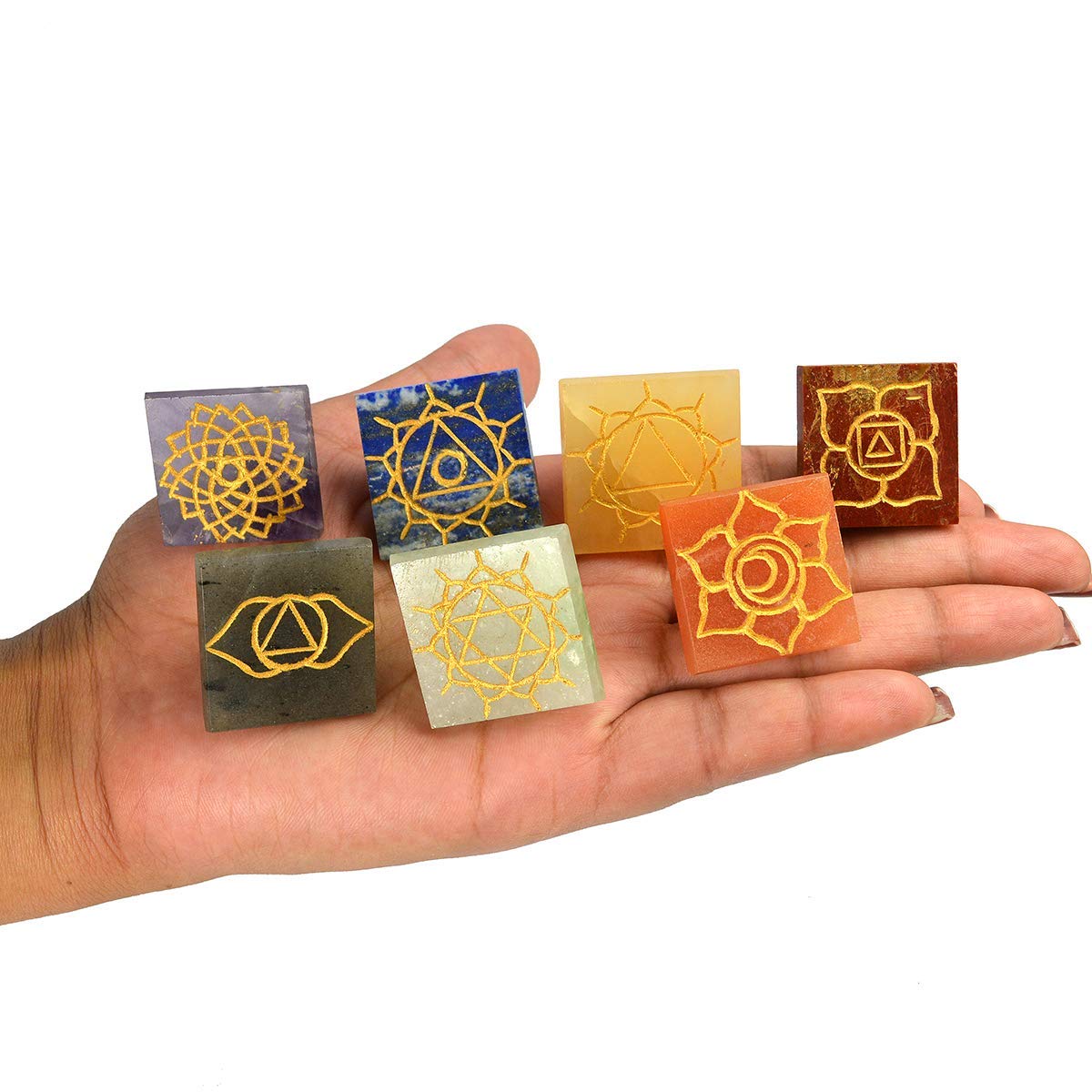 7 chakra pyramid set ( Size: 1 inch )-Carved with 7 chakra symbols-Maitri Export | Crystals Store