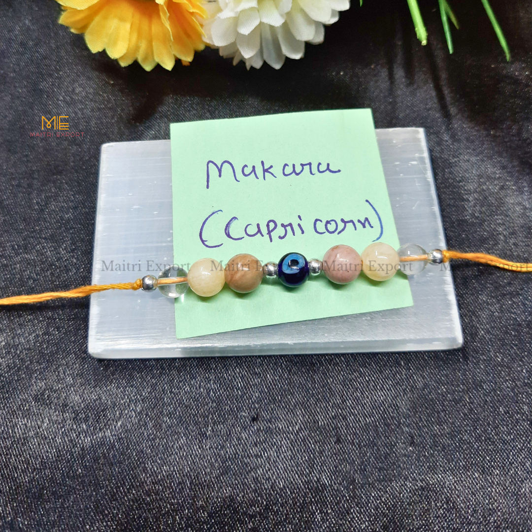 Natural crystal stone based zodiac sign rakhi-Capricorn-with evil eye bead-Maitri Export | Crystals Store