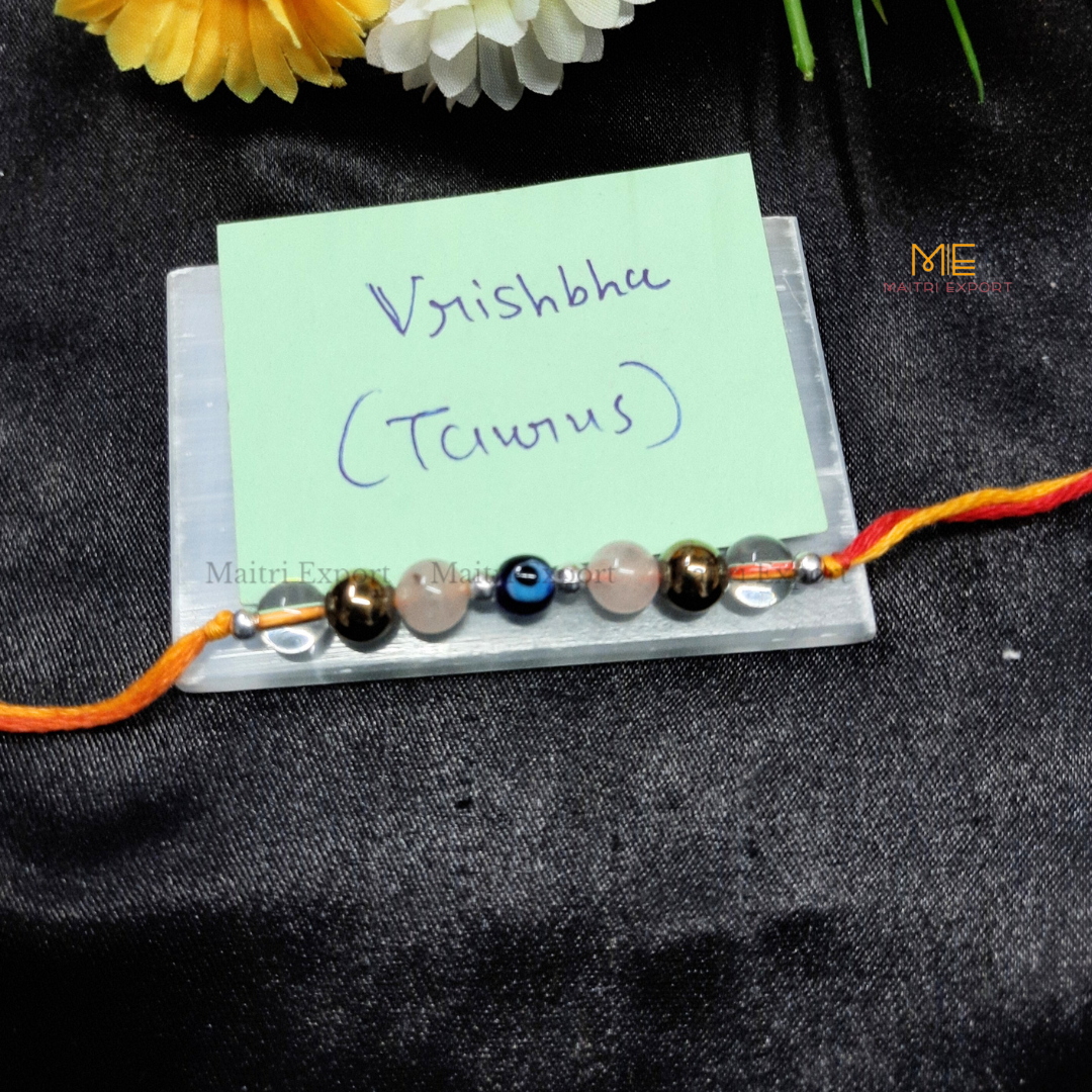 Natural crystal stone based zodiac sign rakhi-Taurus-with evil eye bead-Maitri Export | Crystals Store