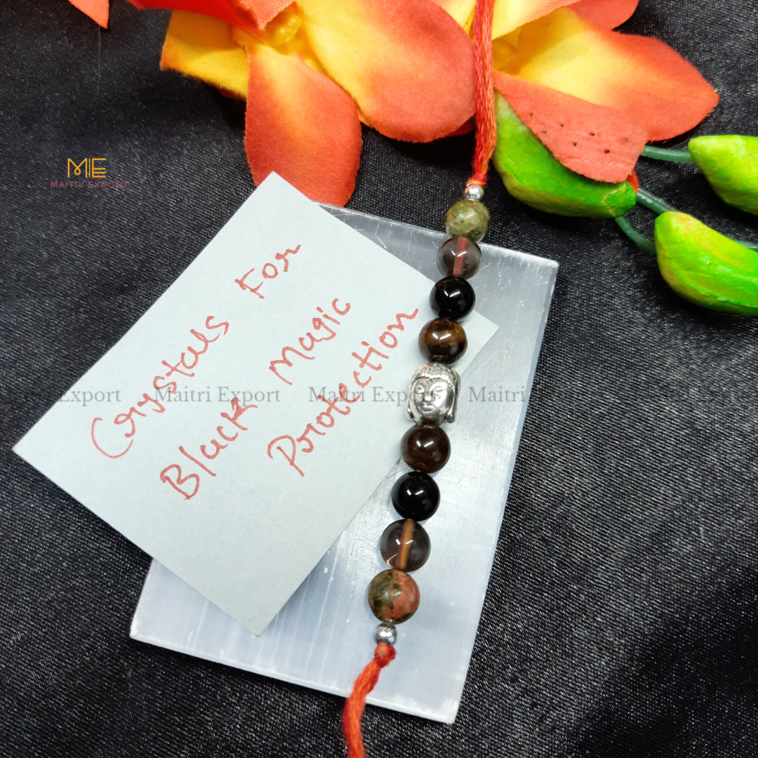 Natural crystal stone purposed rakhi-Black Magic Protection-with buddha charm-Maitri Export | Crystals Store